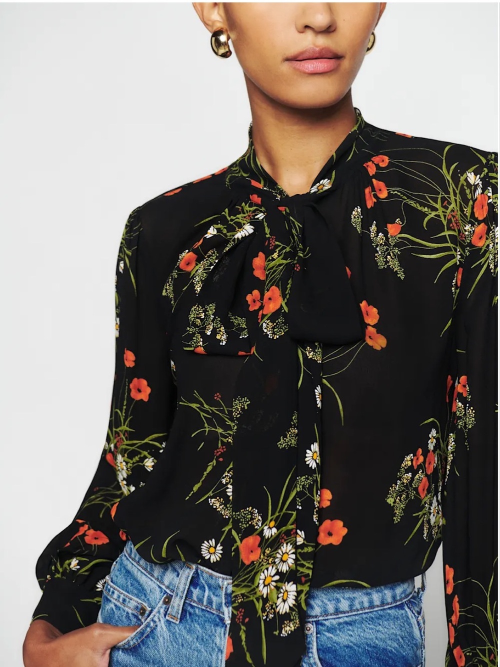 Reformation Black Floral Freya Top Blouse with Orange and White Flowers